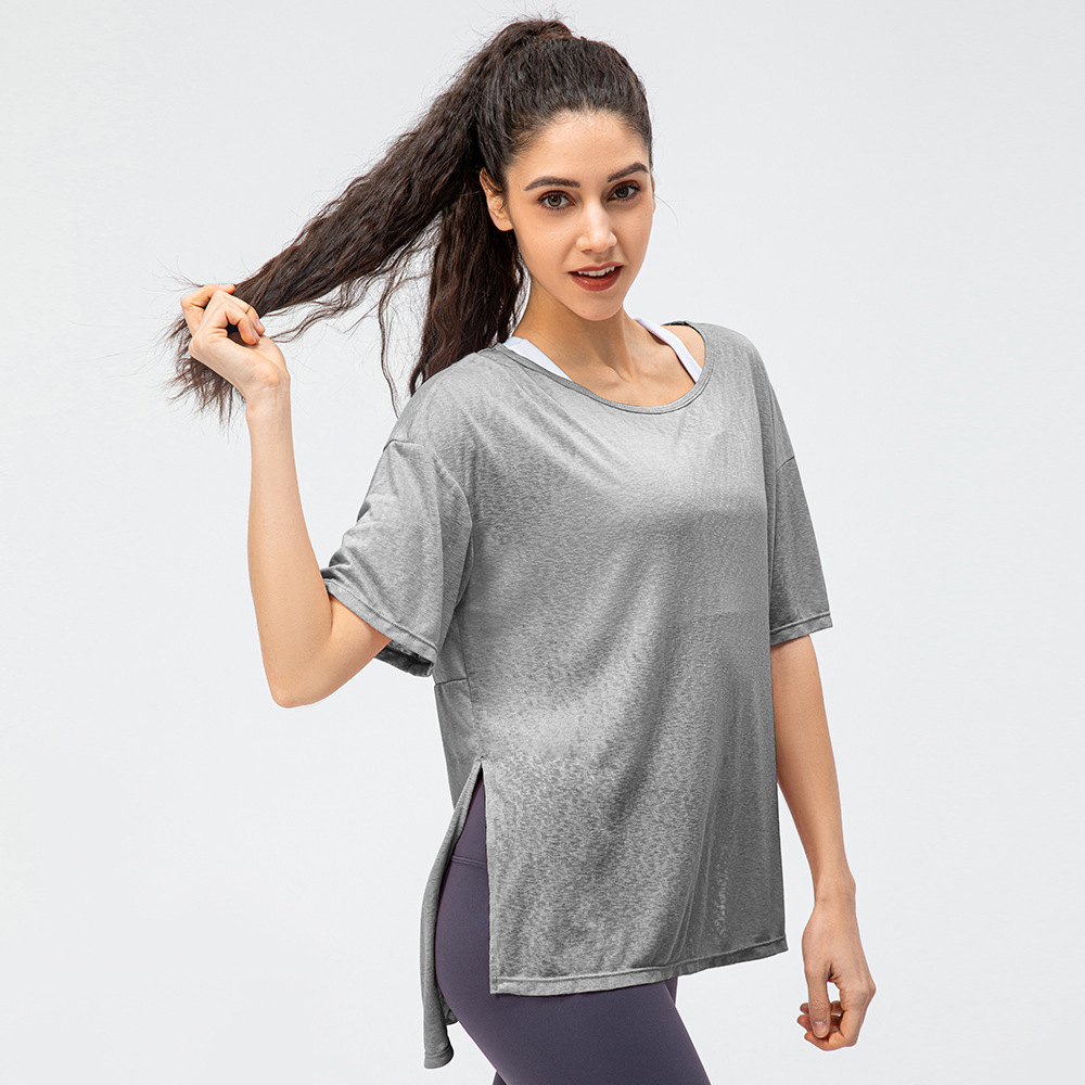 New Spring/Summer Women's Loose-fitting Sports Cover-up, Lightweight and Breathable Running T-shirt, Slit, Quick-drying Yoga Short-sleeved