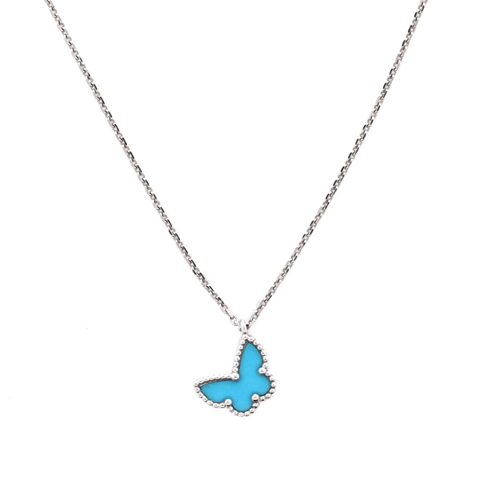 Sweet Alhambra Butterfly Pendant Necklace 18K White Gold with Turquoise