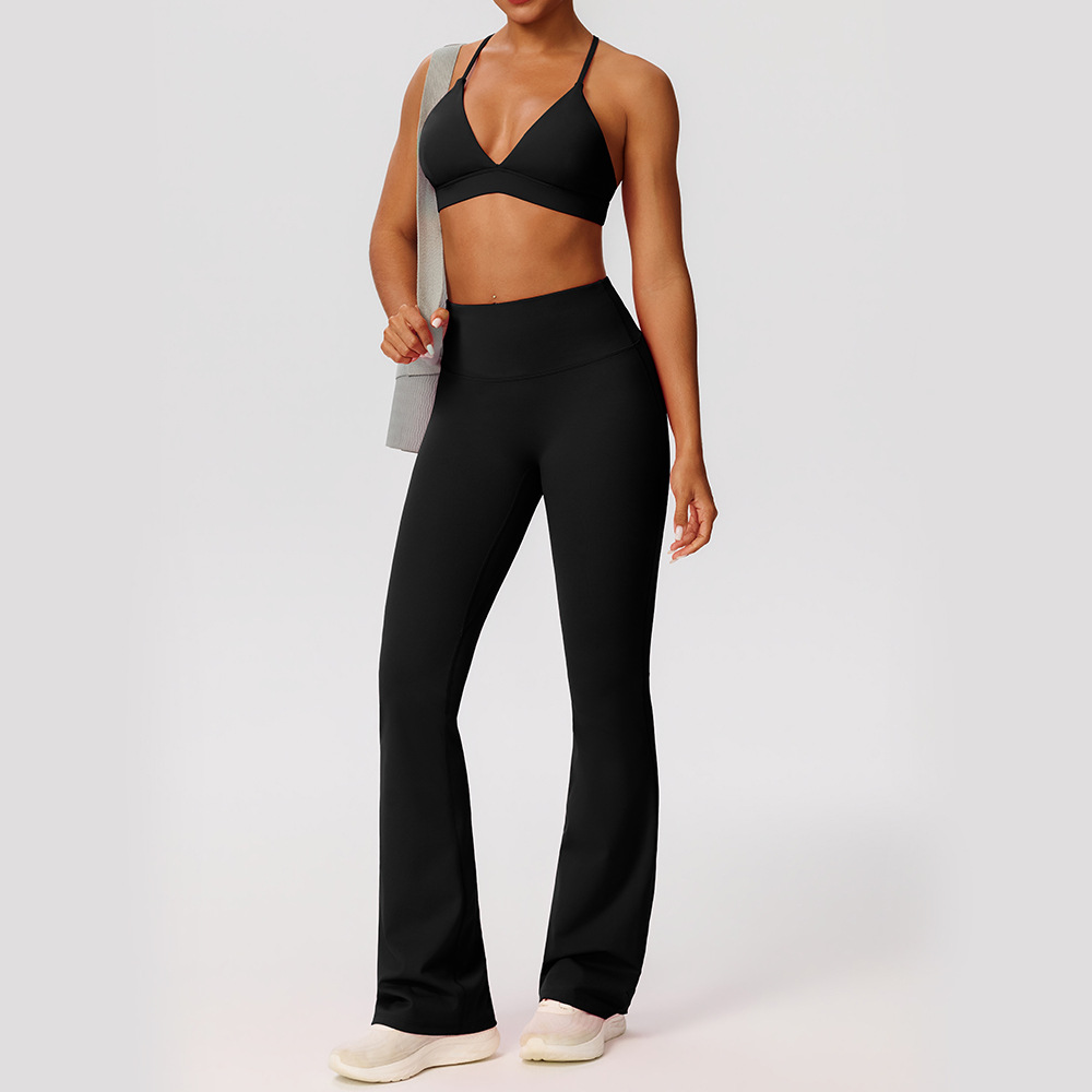 Amazon solid color yoga outfit set, European and American style tight-fitting nude-feel sports bra, butt-lifting running pants fitness set