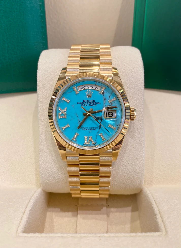 【Super Clone】RLX  Day-Date "President" 36mm Yellow Gold Turquoise Roman Diamond Dial - 128238