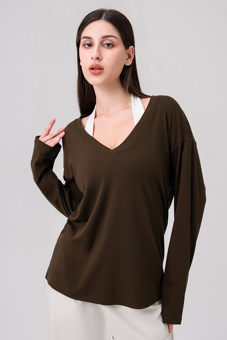 Yoga V-neck long-sleeved loose casual sports top, Lyocell soft and skin-friendly fitness running T-shirt