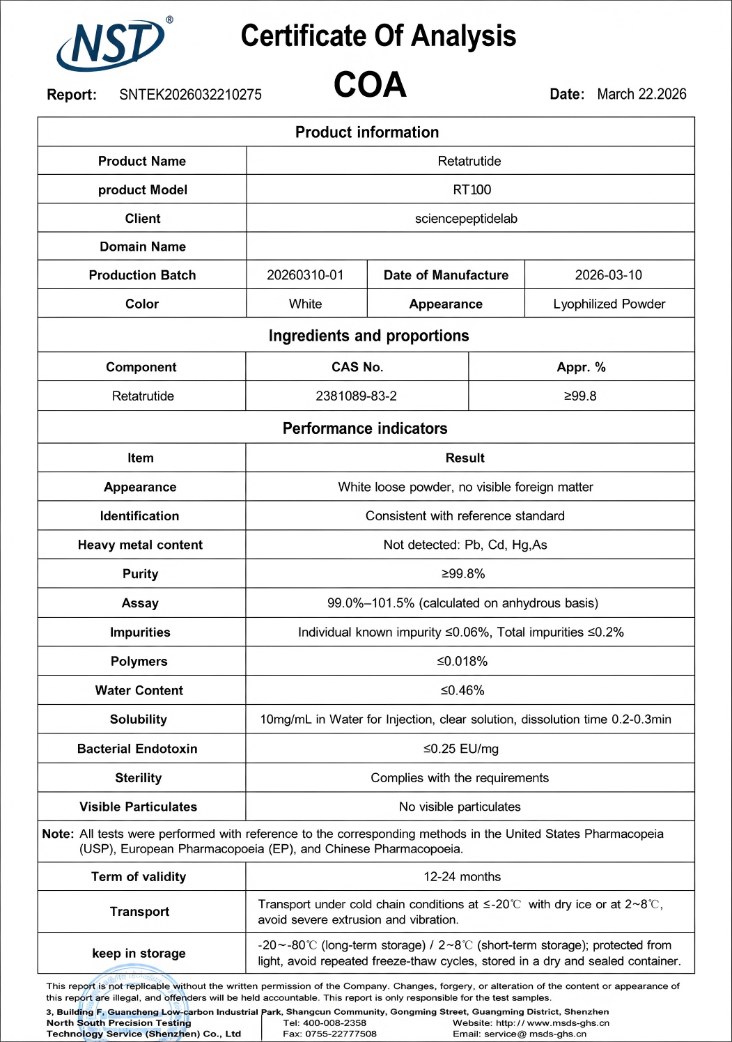 RT100（Retatrutide） 100mg×10vials