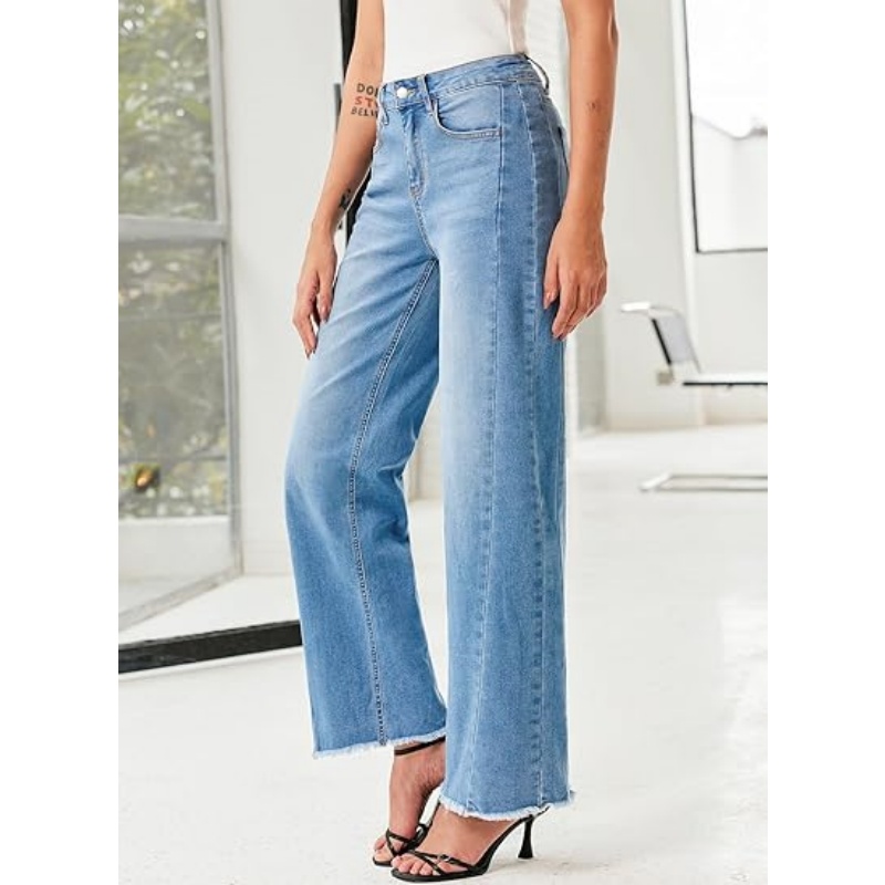 Women's High Waisted Stretchy Wide Leg Raw Hem Jeans