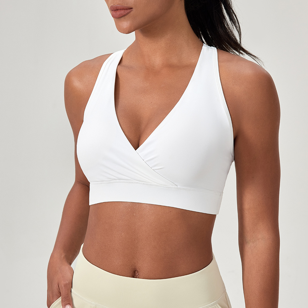 European and American women's yoga sports bra, nude deep V sexy fitness bra, nylon high elastic racerback