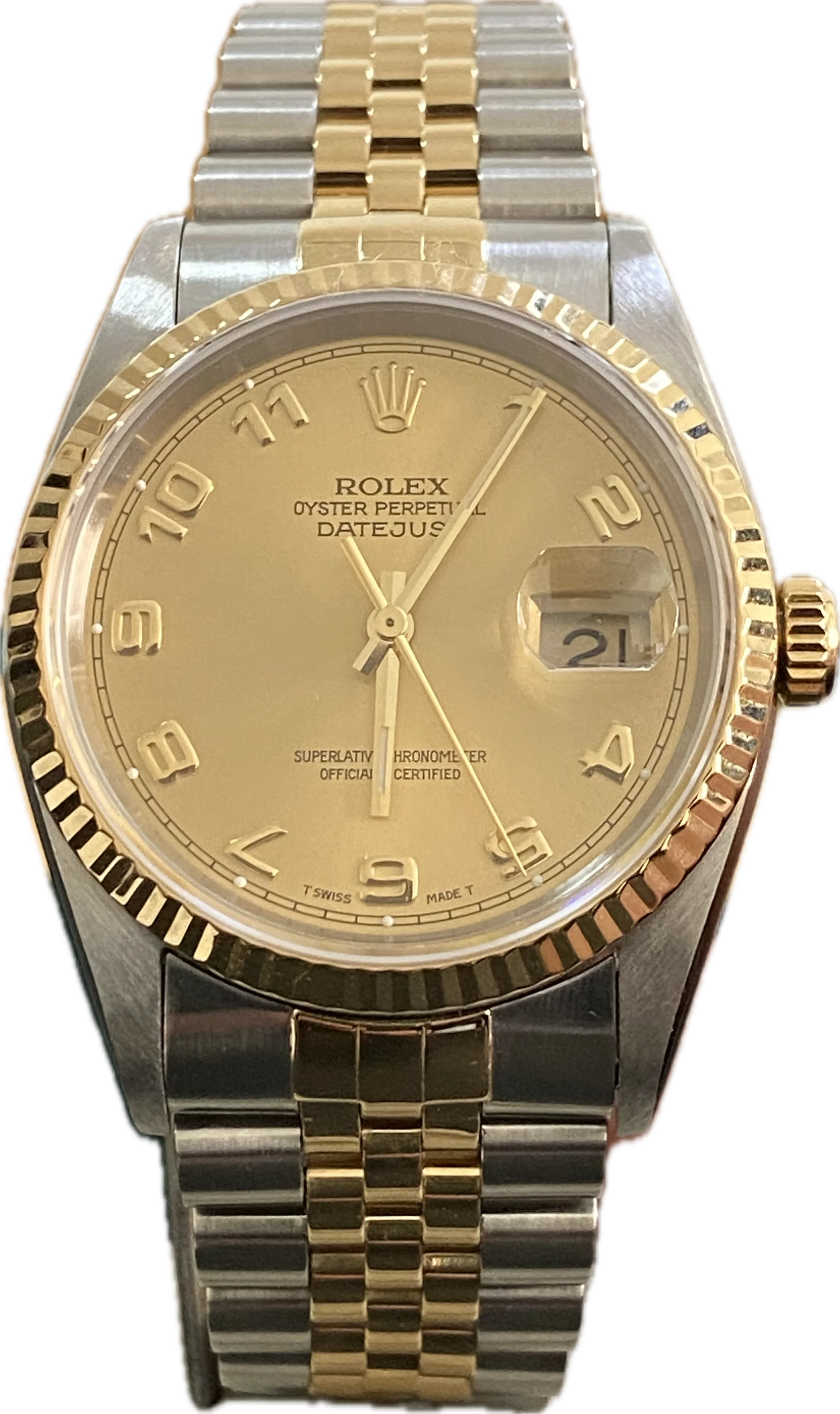Rolex Steel and Yellow Gold Datejust 36 - S serial - Fluted Bezel - Champagne Arabic Dial - Jubilee Bracelet - 16233