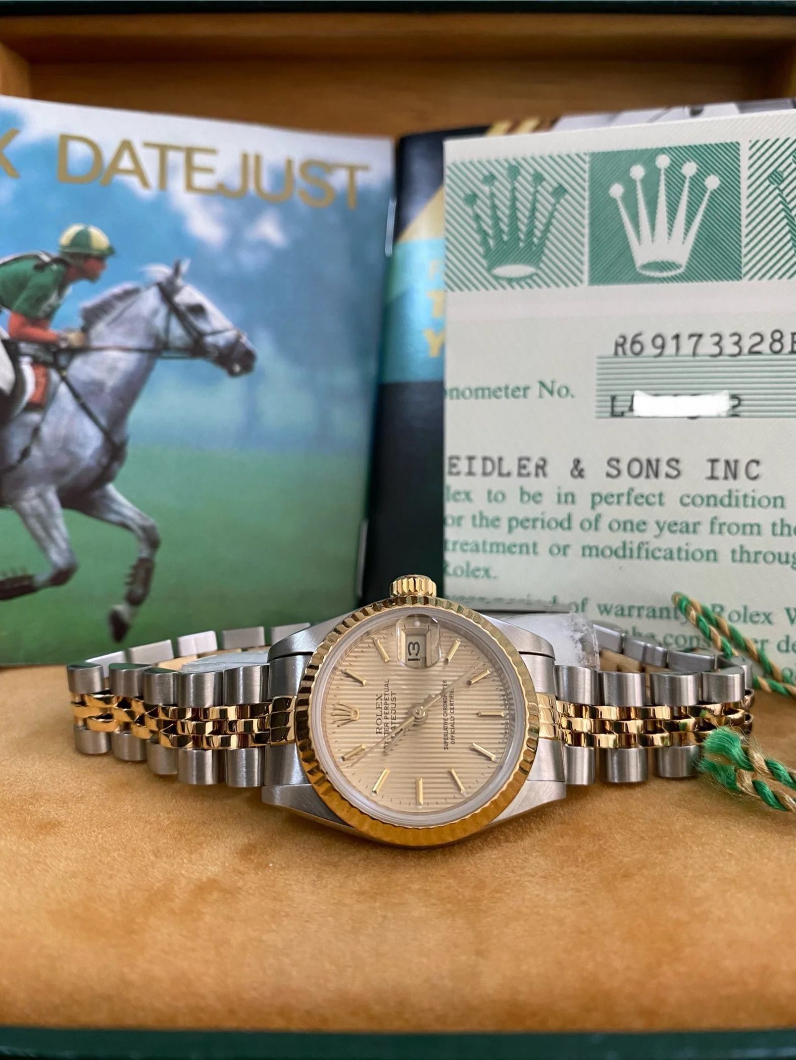 Rolex Steel and Yellow Gold Lady-Datejust - L serial - Fluted Bezel - Tapestry Dial - Jubilee Bracelet - 69173 *COMPLETE SET*