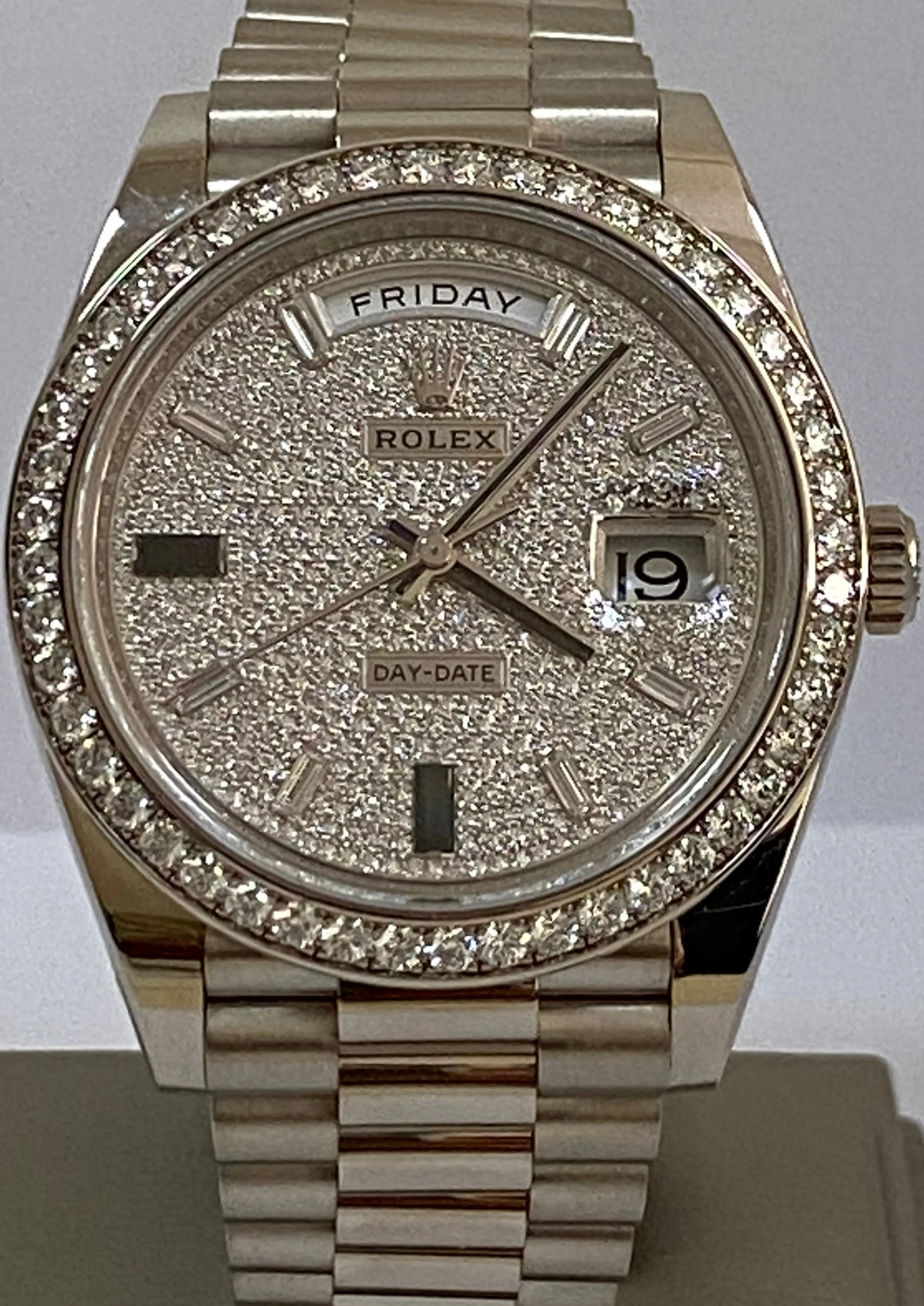 Rolex White Gold Day-Date 40 - 2023 - Diamond Bezel - Paved Diamond Baguette Dial - President Bracelet - 228349RBR *COMPLETE SET*