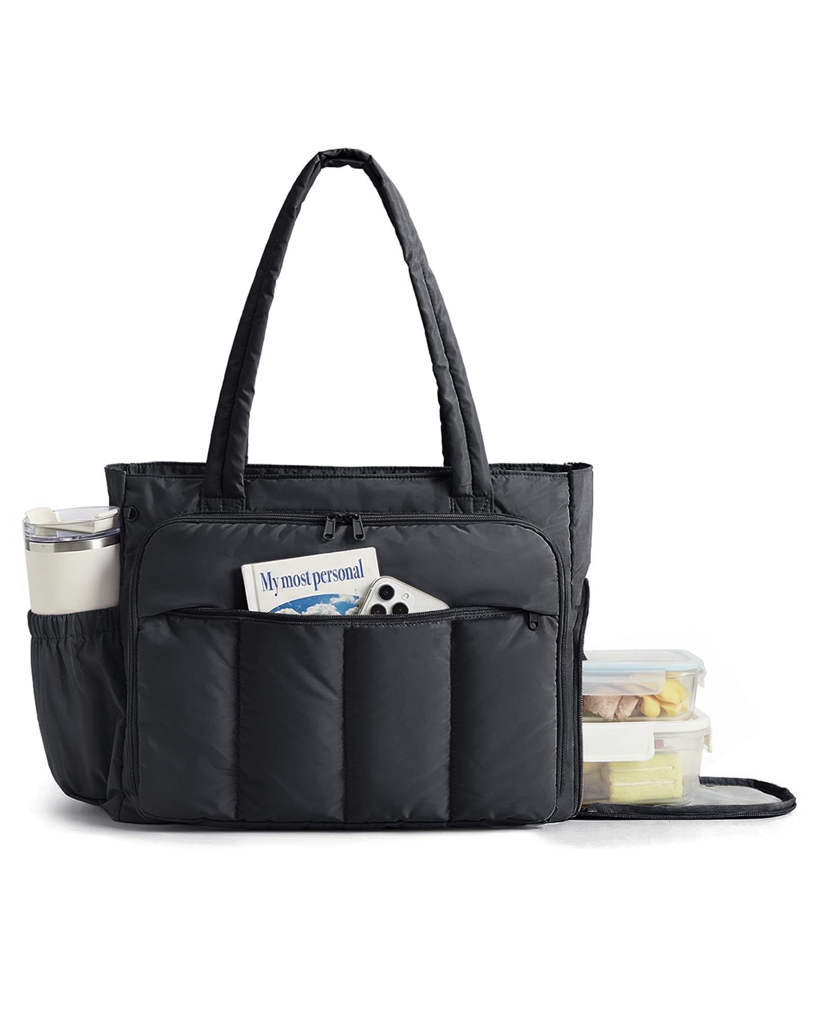 BAGSMART Tote Bag for Women, Teacher Tote with Insulated Compartment, Large Puffer Work Tote Handbags for Work, Black
