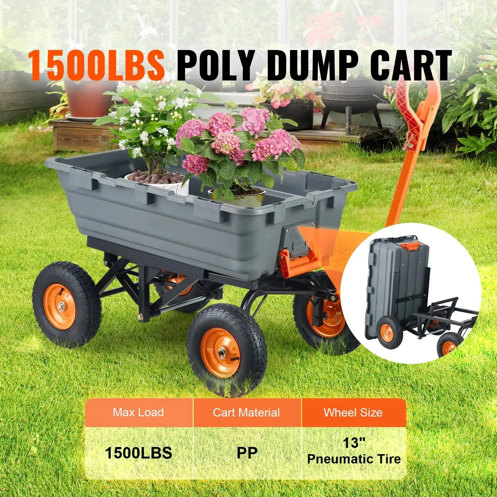 ⚡clearance sale🌞Poly Garden Dump Cart with Easy to Assemble Steel Frame, 2-in-1 Convertible Handle, 13 Inch Tires, Max Capacity 1500 lbs, Utility Wheelbarrow Productivity Yard