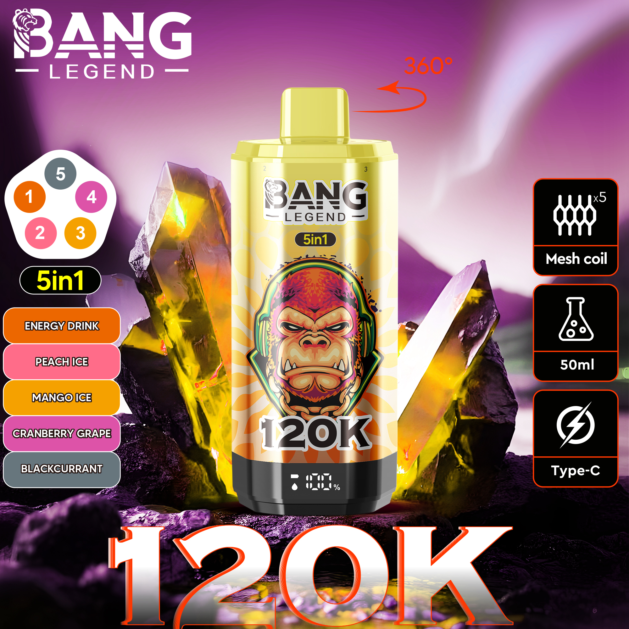 Вейп BANG LEGEND 120 000 Дръпки (5 в 1) | Електронна Цигара с 360° Ротация и LCD