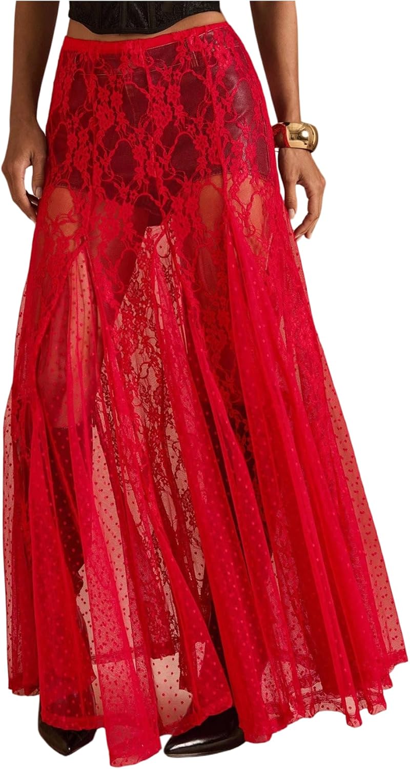 WDIRARA Women's Sexy See Through Sheer Lace Maxi Skirt Low Waist Ruffle Hem A Line Flowy Skirt