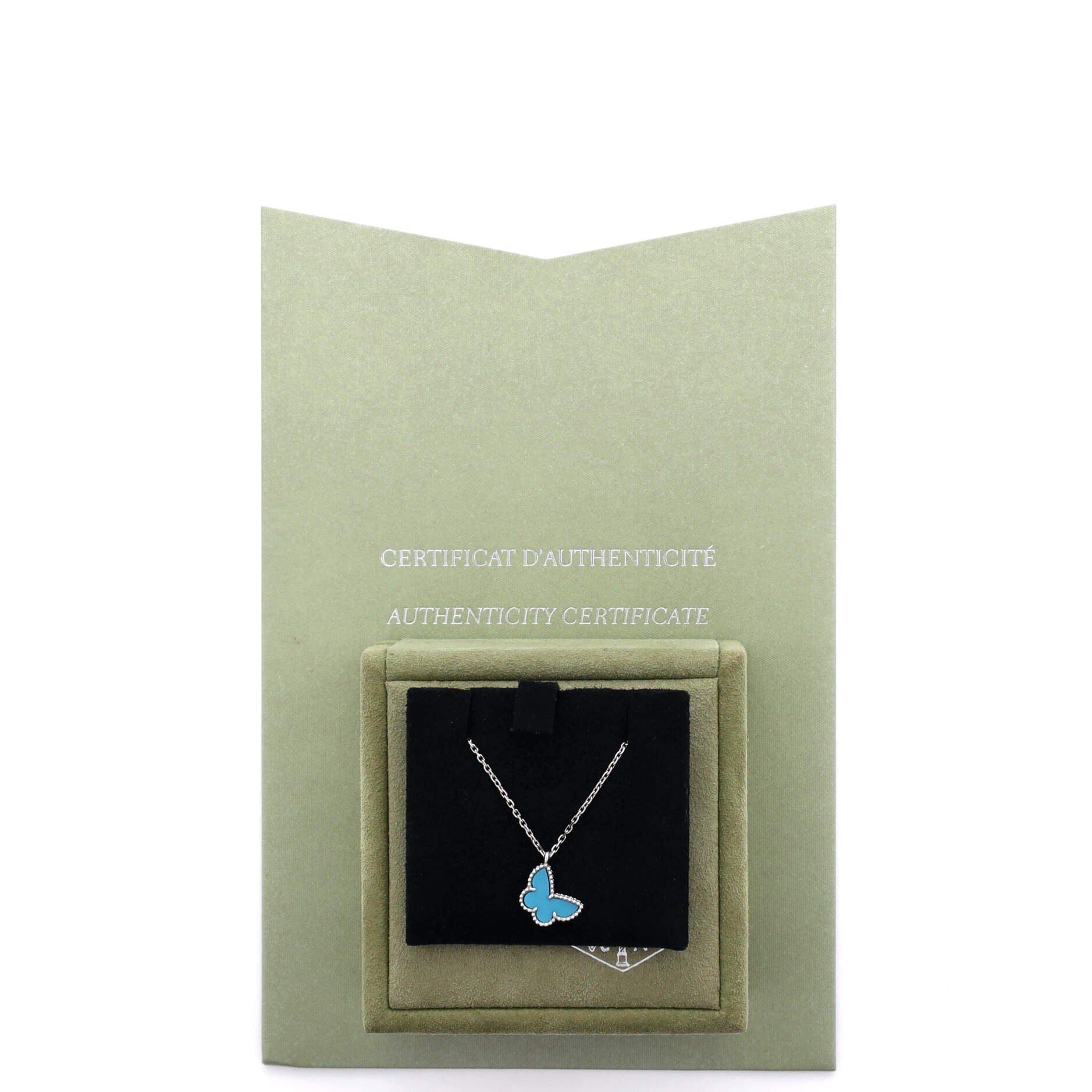 Sweet Alhambra Butterfly Pendant Necklace 18K White Gold with Turquoise