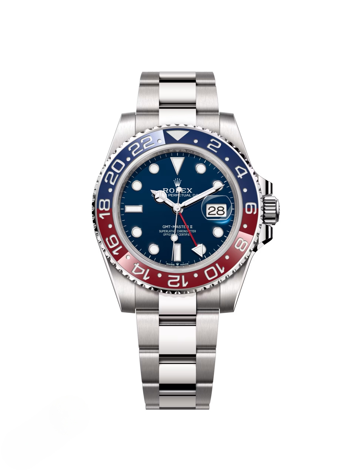 【Super Clone】RLX  GMT-Master II - 40mm White Gold "Pepsi" - Blue Dial - Oyster Bracelet (Ref#126719BLRO)