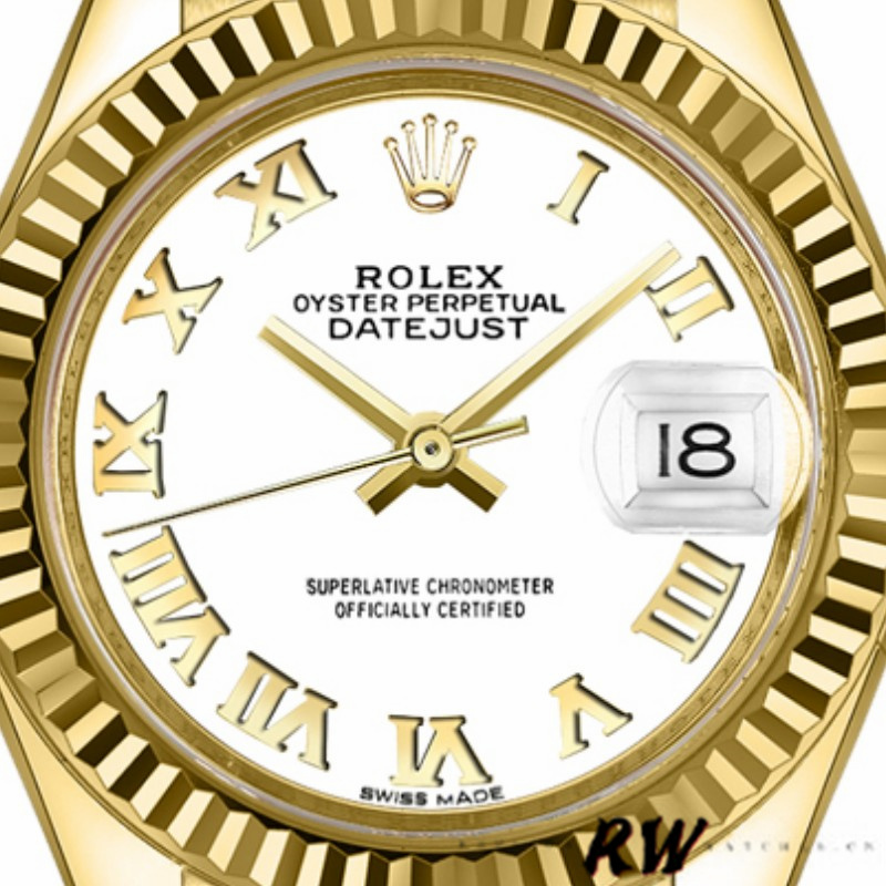 Rolex Datejust 279178 White Roman Dial Yellow Gold 28mm Lady Replica Watch