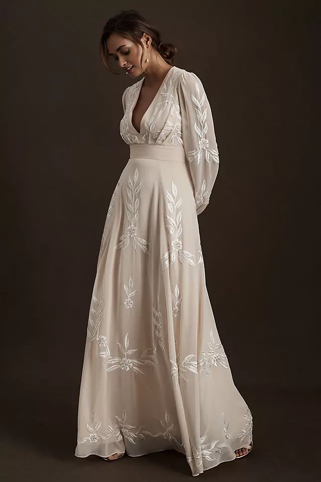 Embroidered A-Line Long-Sleeve V-Neck Gown Champagne