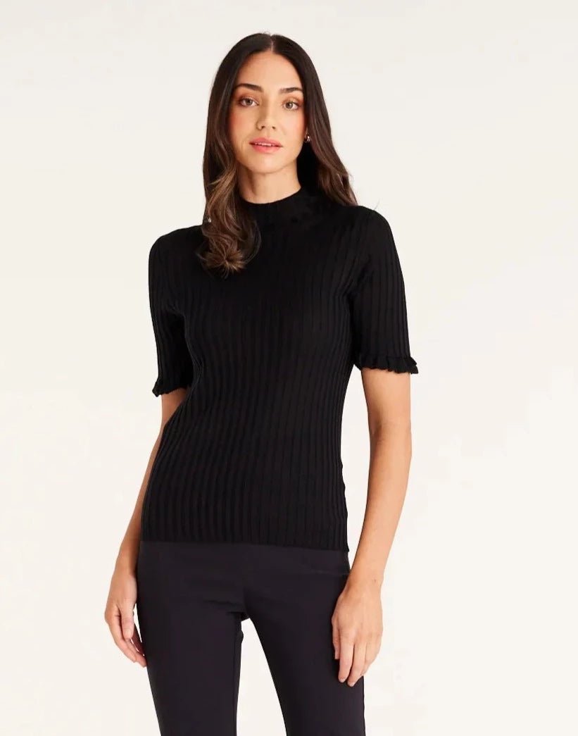 Ribbed Mock Neck Blouse with Flared Cuffs