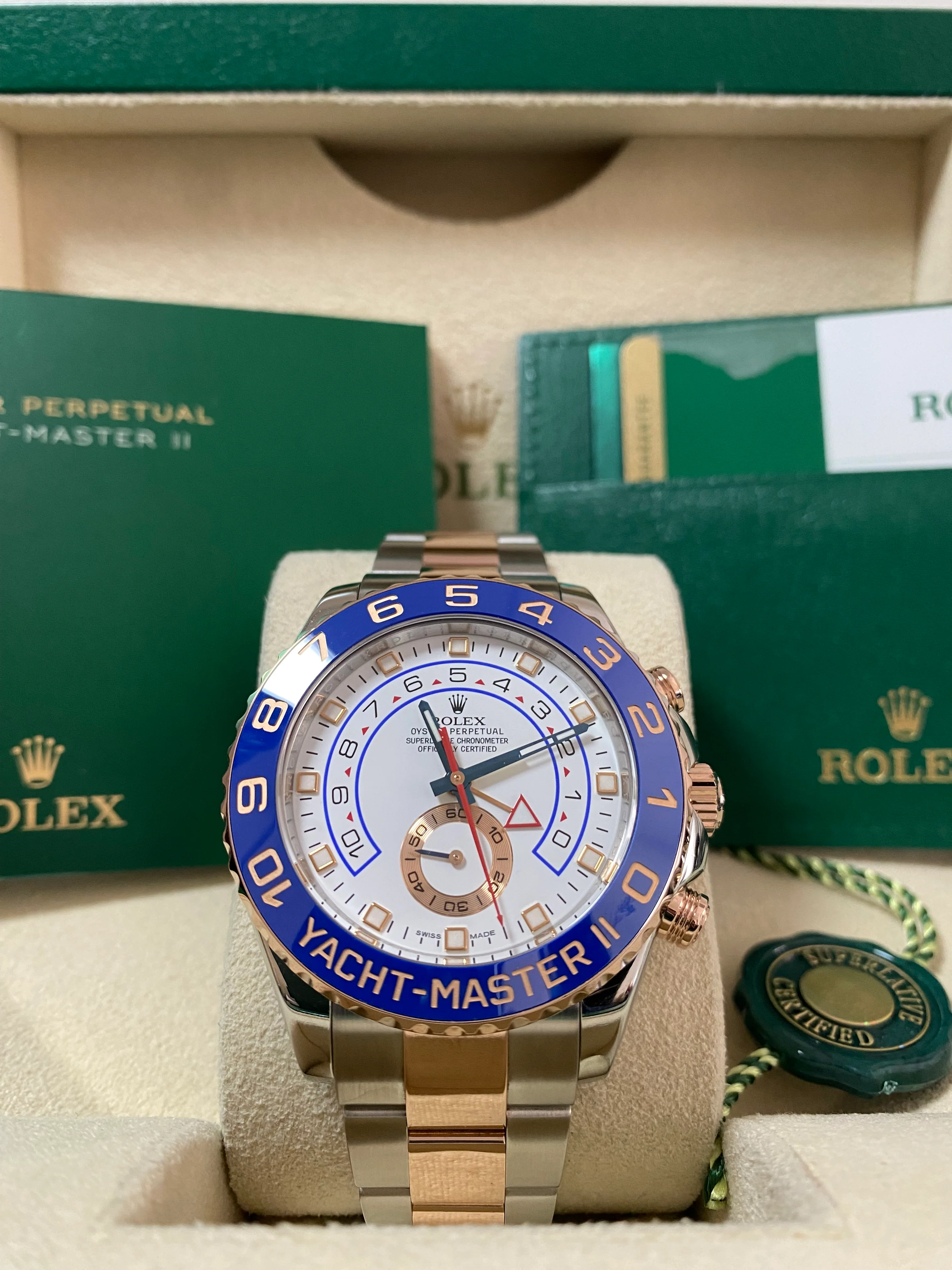 Rolex Steel and Everose Gold Yacht-Master II - 2016 - Ceramic Blue Bezel - White Dial - 116681 *FULL SET*