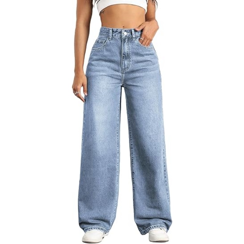 Women's High Waisted Stretchy Straight Leg Jeans, Loose Baggy Boyfriend Wide Leg Denim Pants