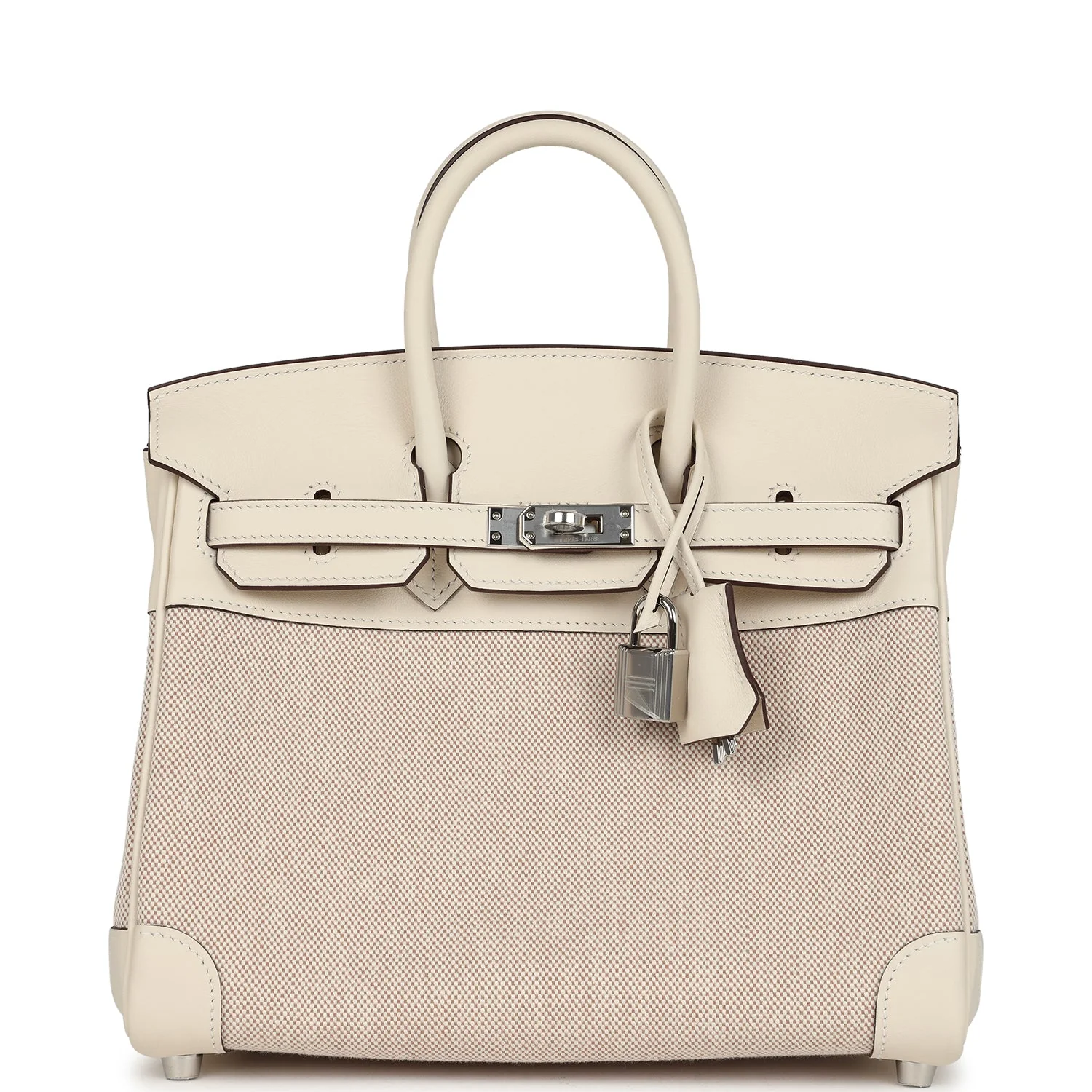 Hermes Birkin 25 Nata Swift and Ecru-Beige Toile H Canvas Palladium Hardware
