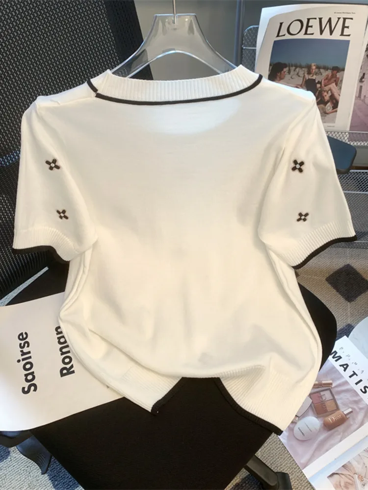 2026 Ice Silk Knitwear Women’s Pullover Summer New Loose Versatile Slim Fashion Round Neck Short Sleeve Sweater Jumper Top Mujer
