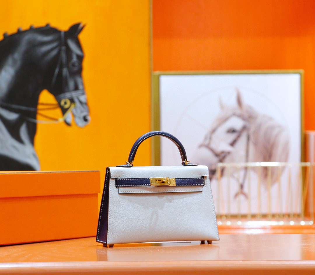 Hermes Minikelly Mini Kelly Pearl Grey with Gemstone Blue, Sheepskin, Fully Hand-Embroidered, Gold Studs, 2nd Generation