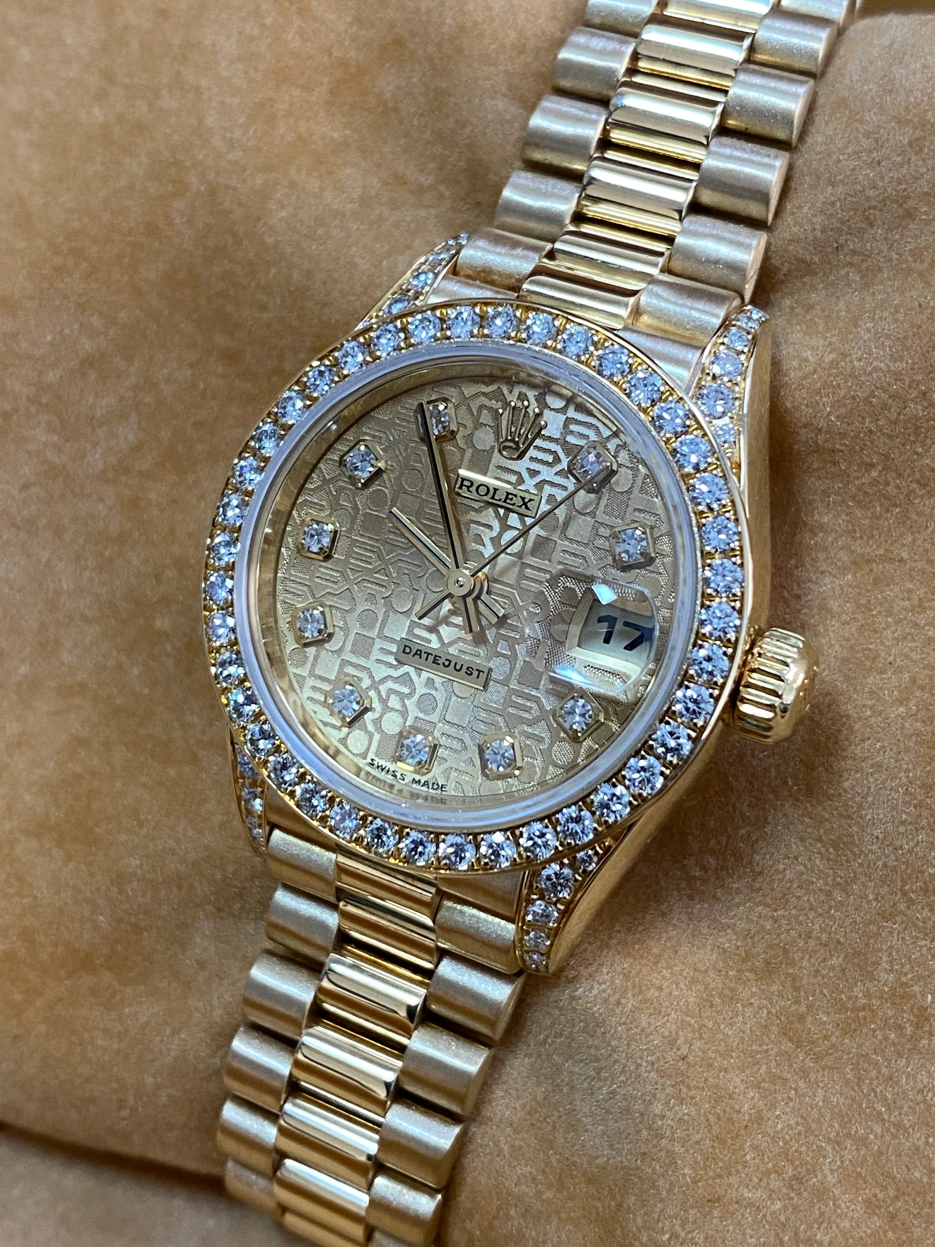 Rolex Yellow Gold Lady-Datejust - 1995 - Factory Diamond Dial, Bezel and Lugs - President Bracelet - 69158 