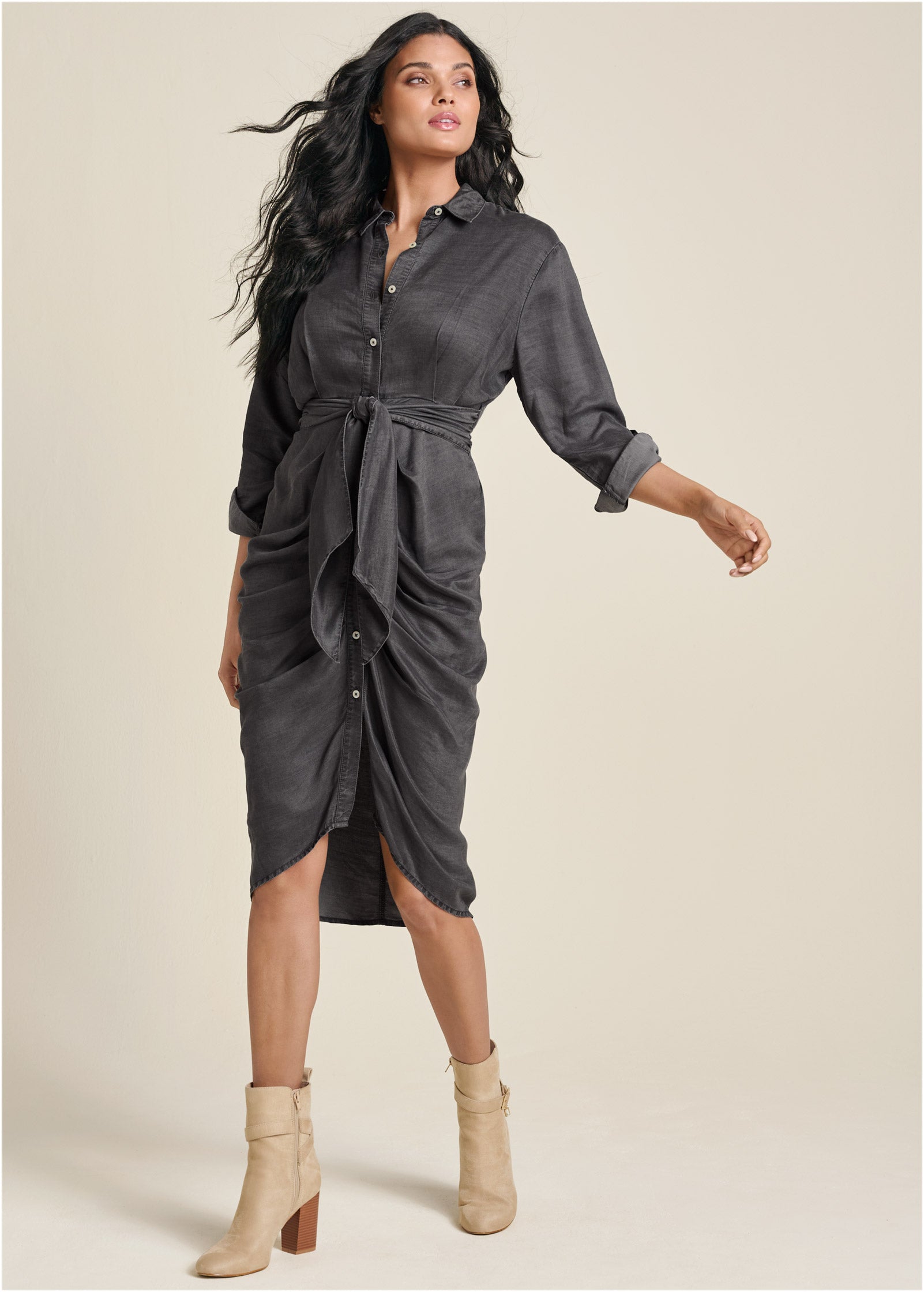 Button-Front Shirt Dress – Grey