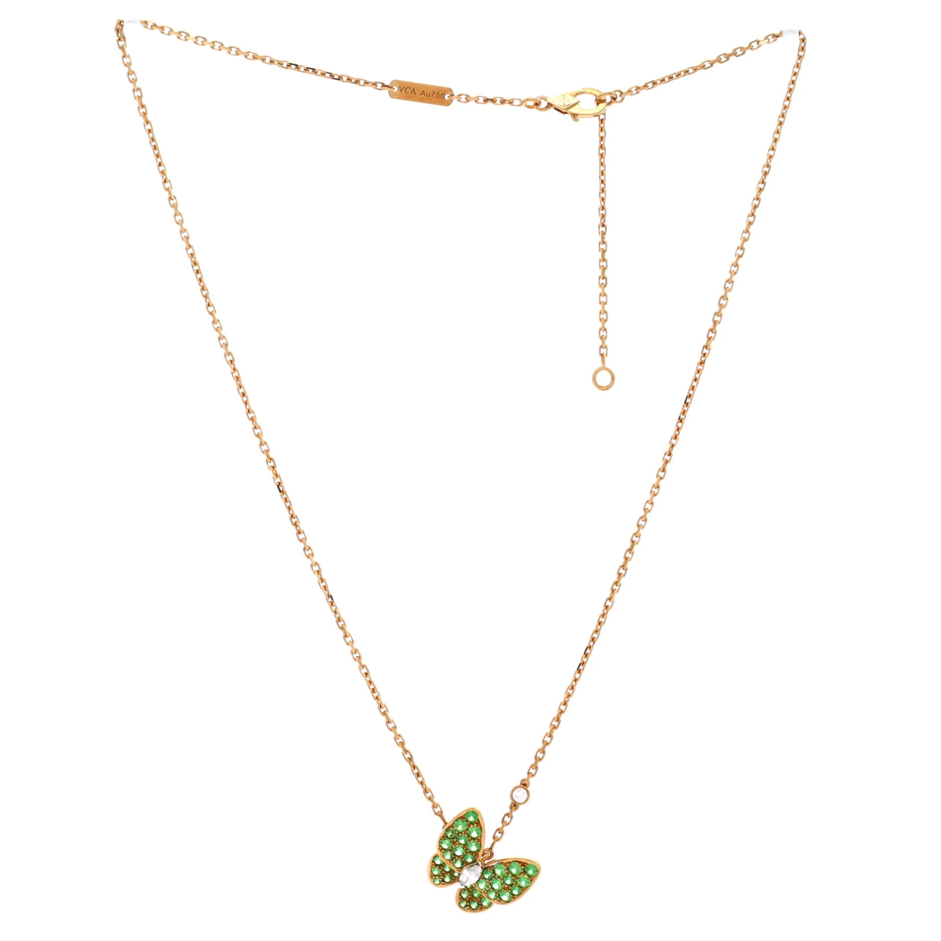 Two Butterfly Pendant Necklace 18K Yellow Gold with Tsavorite Garnets and Diamonds