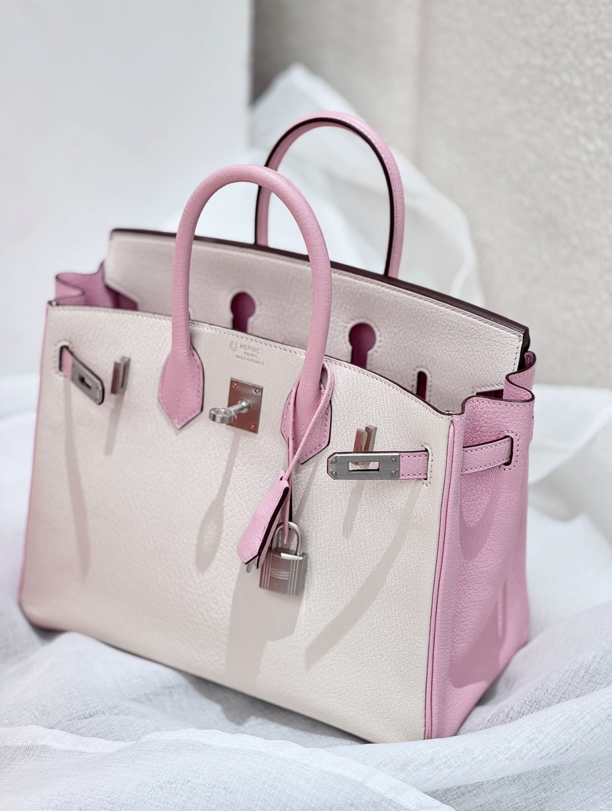 Hermès Birkin 25-30 Sakura Pink and Milkshake White Silver Buckle Goatskin