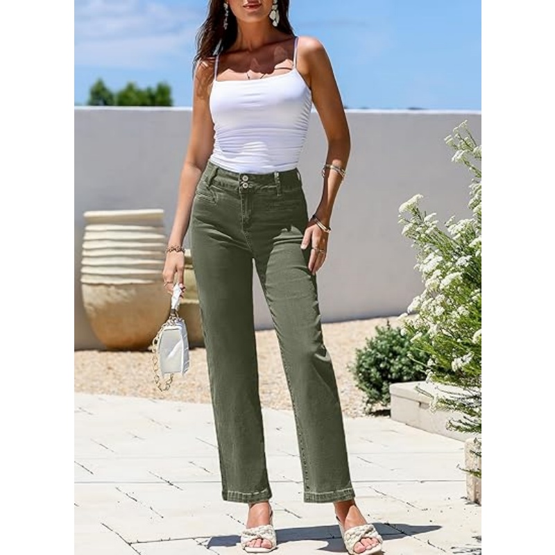 Women's High Waisted Stretchy Straight Leg Jeans, Trendy Loose Wide Leg Denim Pants with Pockets
