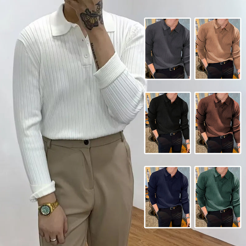 Men’s Waffle-Knit Lapel Collar Long-Sleeve Top