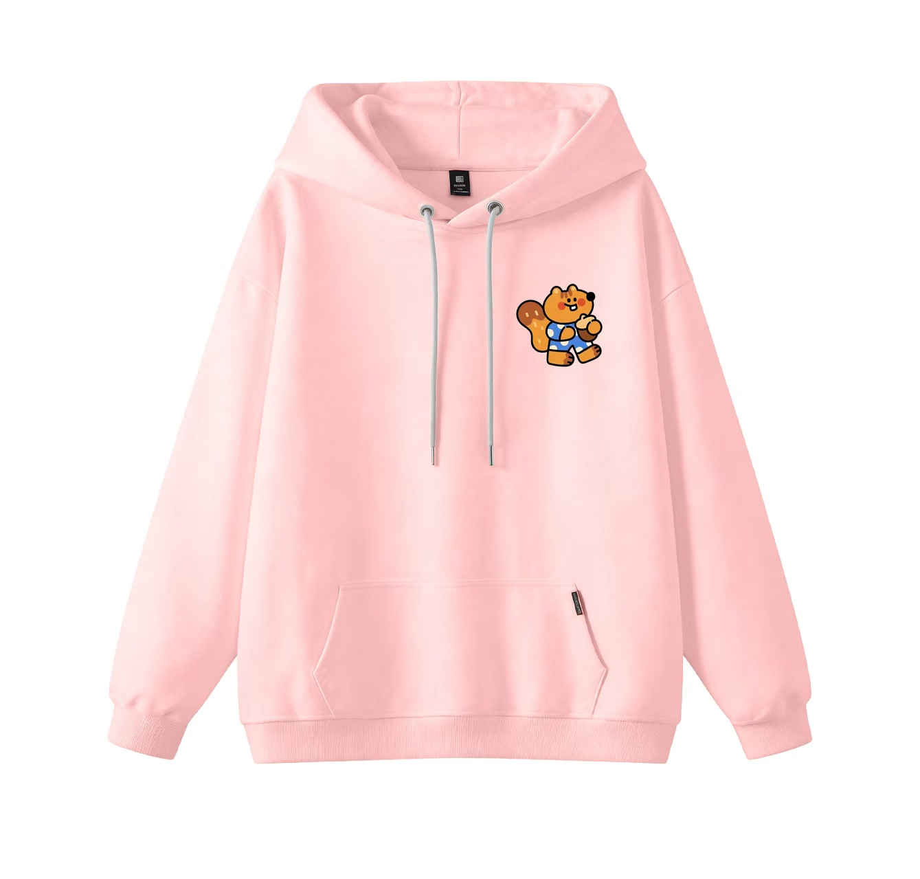 This adorable hooded sweatshirt features a squirrel eating a pine cone and is a casual pullover. Its stand-up collar also makes it an ideal choice for winter wear.