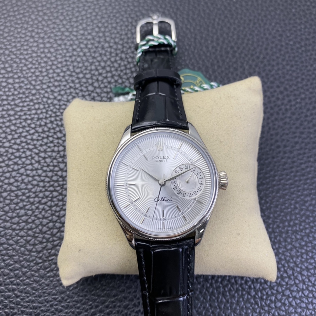 Rolex Cellini Date 50519 Black Leather Silver Dial 39mm Mens Replica Watch
