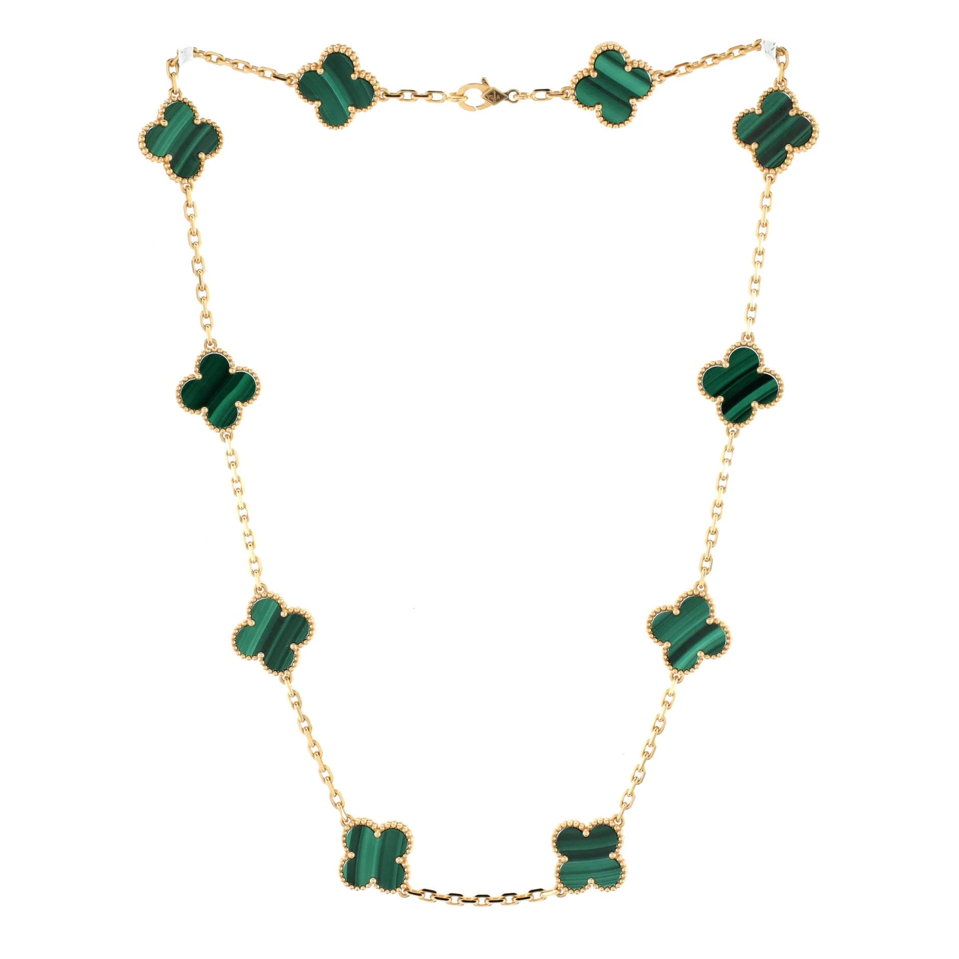 Vintage Alhambra 10 Motifs Necklace 18K Yellow Gold and Malachite