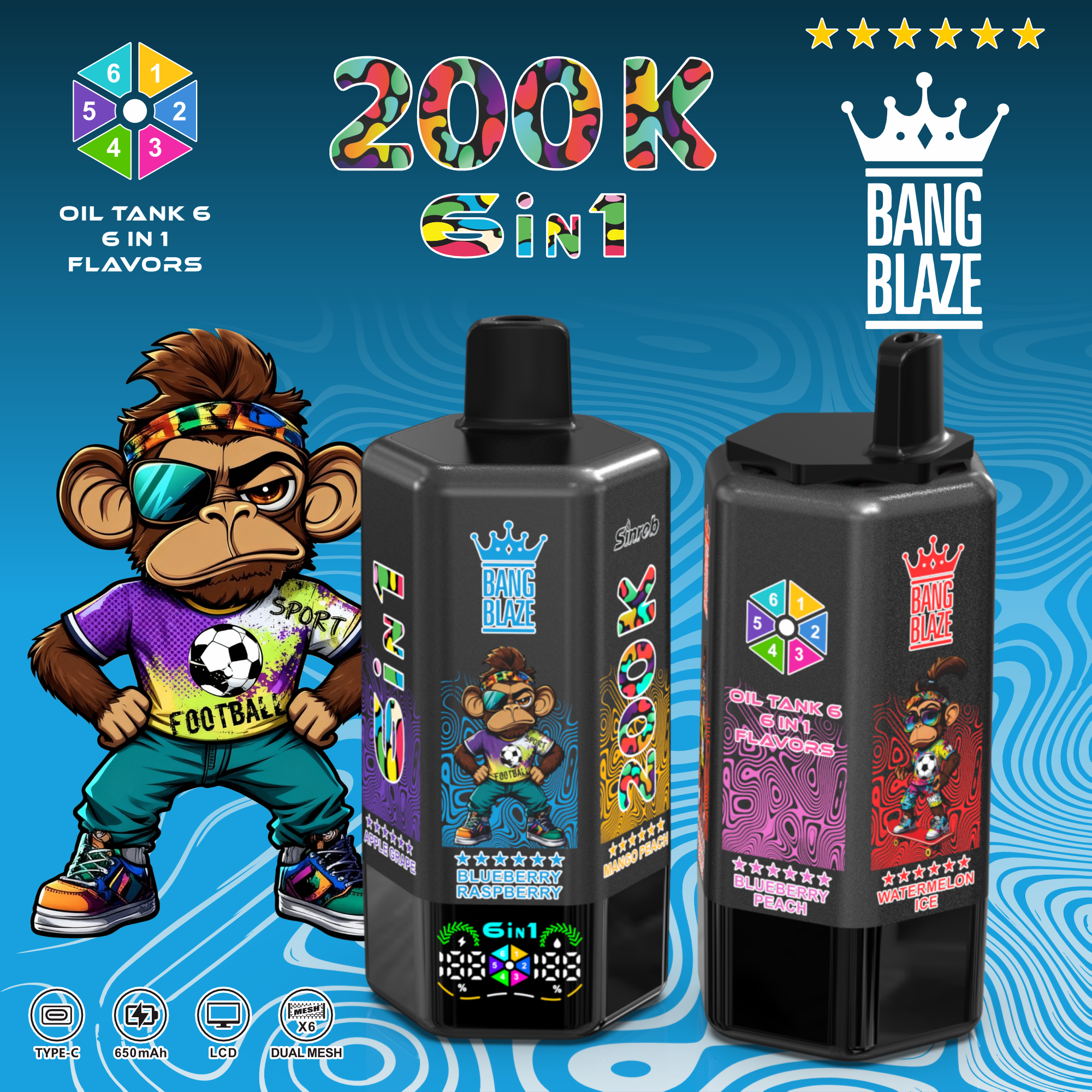Вейп BANG BLAZE 200 000 Дръпки (6 в 1) | Електронна Цигара с LCD Дисплей