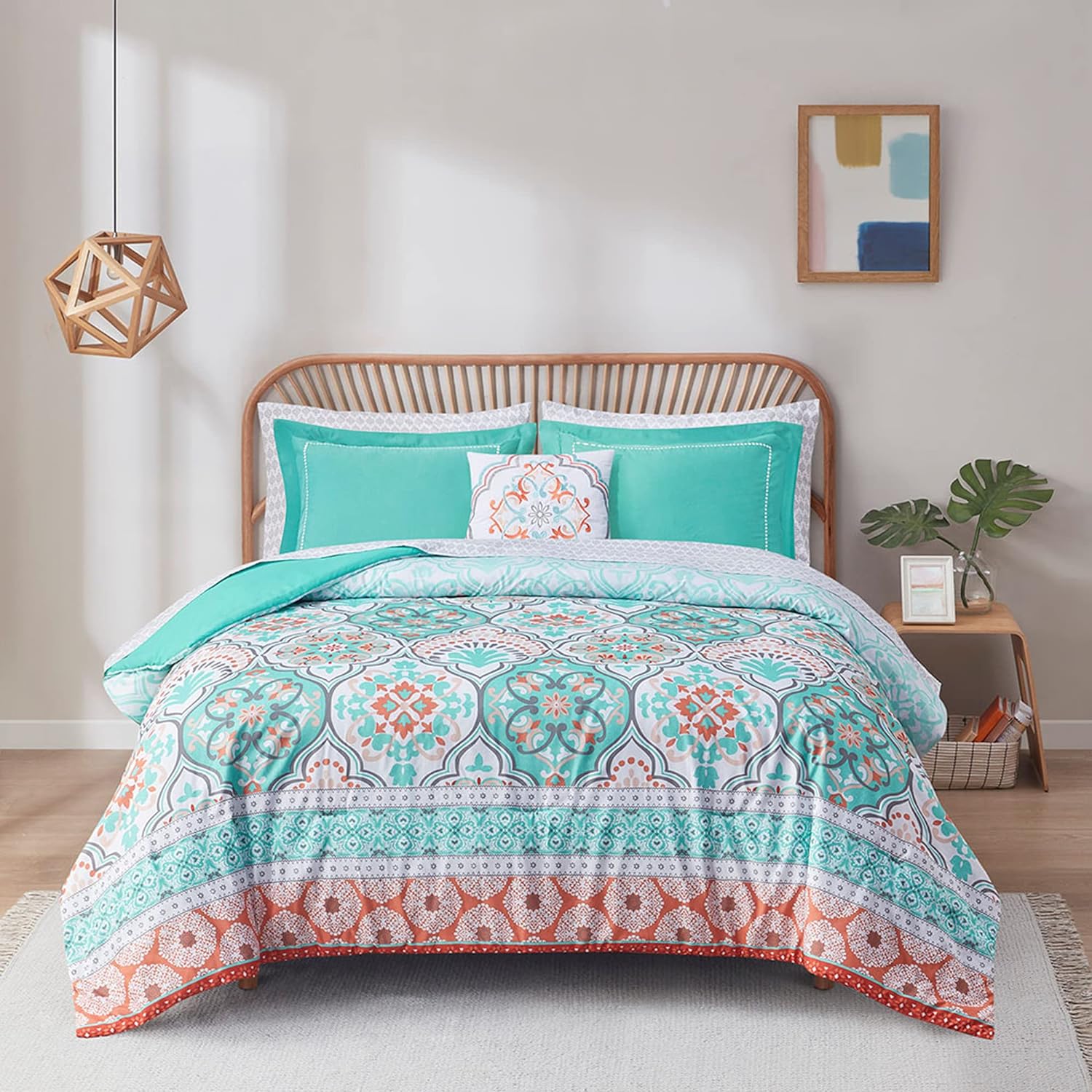 Degree of Comfort Twin Complete Comforter Sets, Boho Mandala Bed in A Bag, Microfiber Bedding Set with Side Pockets, Matching Decorative Pillow, 6 Piece Coral