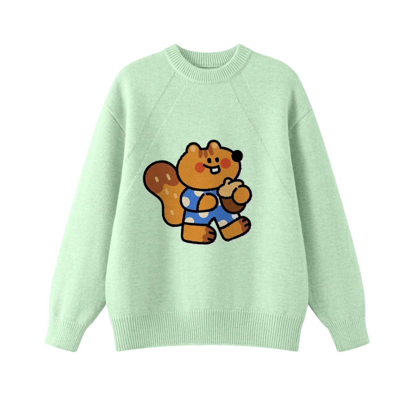 This adorable knit sweater features a squirrel eating a pine cone pattern and is a crew neck pullover style. Its design also makes it an ideal choice for winter clothing.