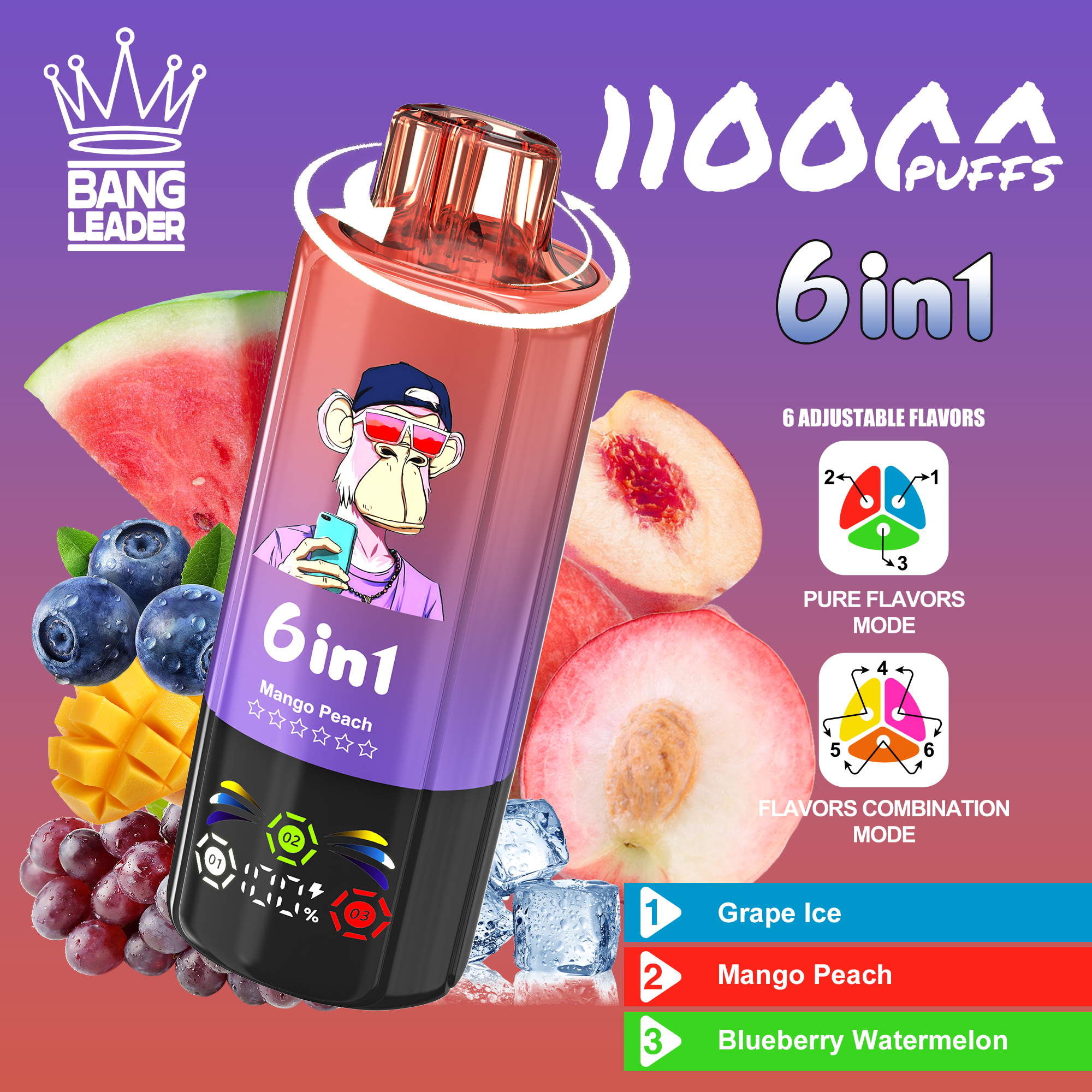 Bang Leader 110K Puffs 6-in-1 Prefilled  Vape | 6 Flavors in 1 Device,  Rechargeable,