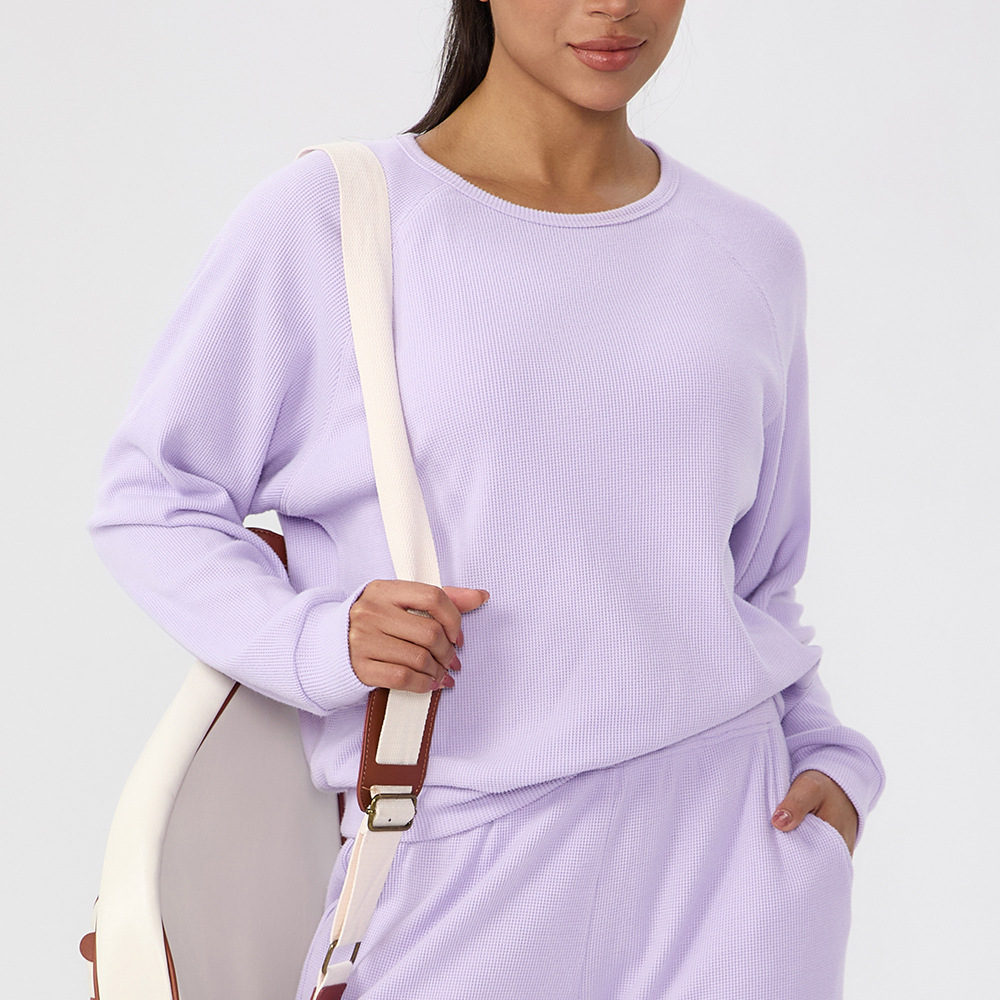 Women's Autumn/Winter Waffle Knit Crew Neck Long-Sleeve Sports T-Shirt, European and American Style, Solid Color, Loose Fit, Casual Running & Fitness Top