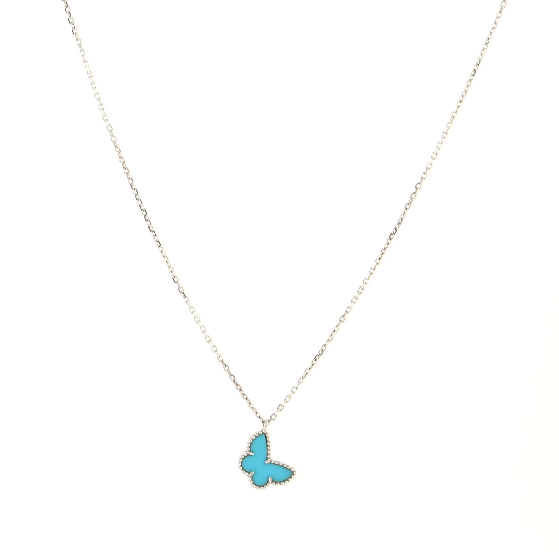Sweet Alhambra Butterfly Pendant Necklace 18K White Gold with Turquoise