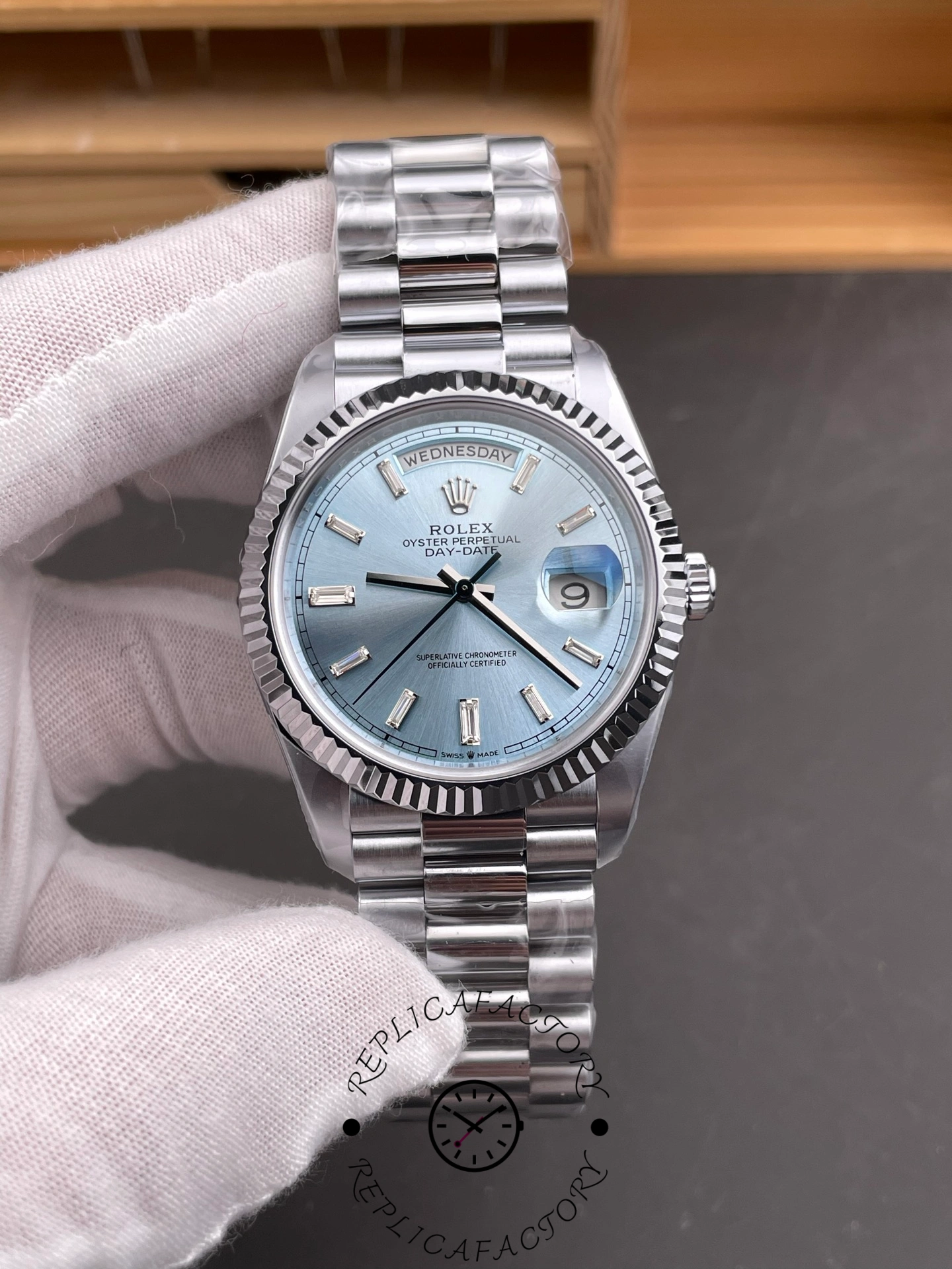 Rolex Day Date 40mm Platinum 228236 0006 Ice Blue Baguette