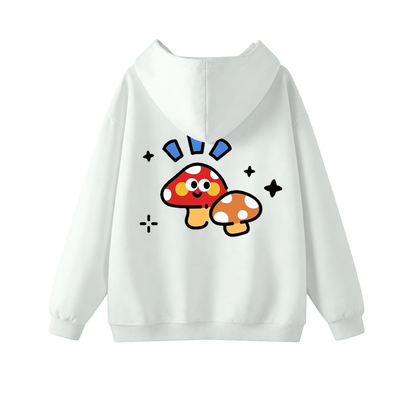 This adorable hooded sweatshirt features a two-mushroom print and is a casual pullover. Its stand-up collar also makes it an ideal choice for winter wear.
