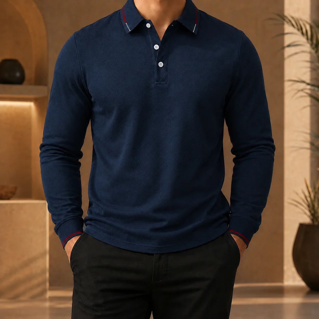Mivanity Men's Pleated Asymmetric Long-Sleeve Polo Shirts