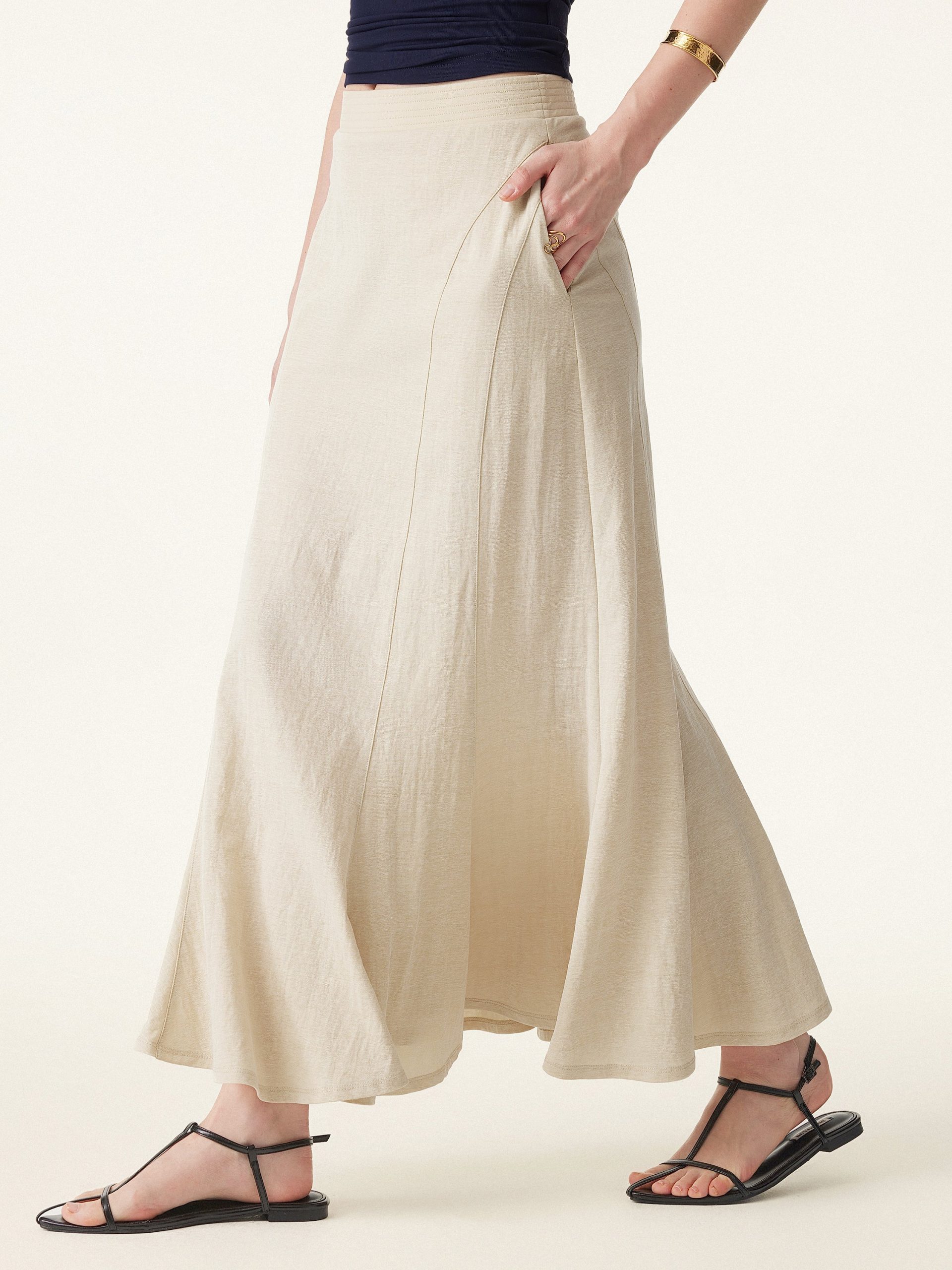 Wrinkle-free Cotton-linen Pull-on Midi Skirt