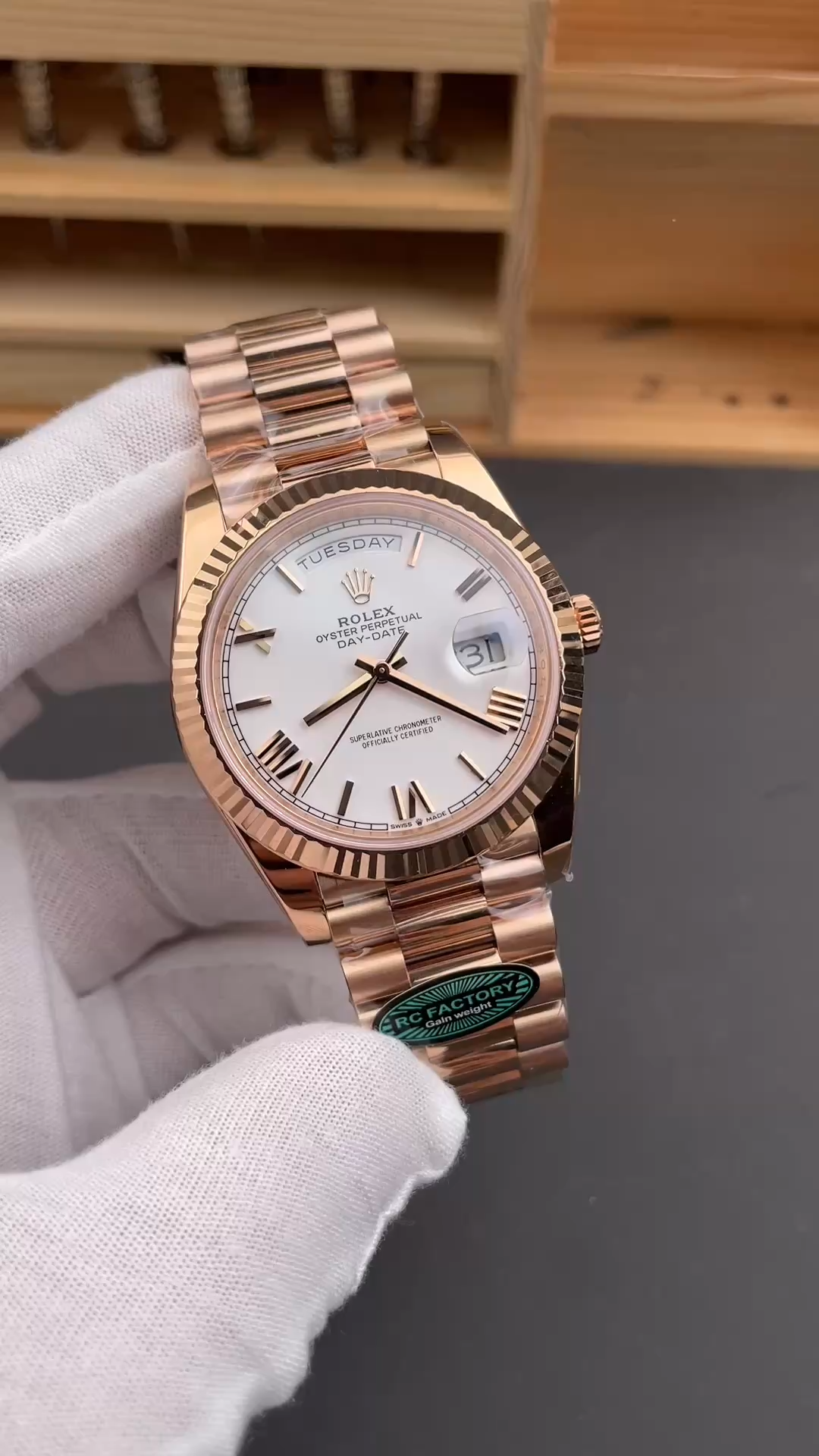 Rolex Day-Date 228235 White Roman Numeral Dial Fluted Bezel 40mm Mens Replica Watch