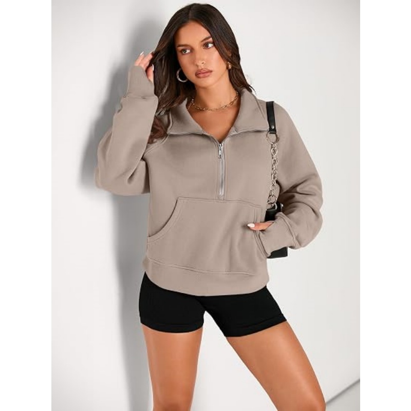 Women's Half Zip Cropped Sweatshirt, Fleece Quarter Zipper Pullover