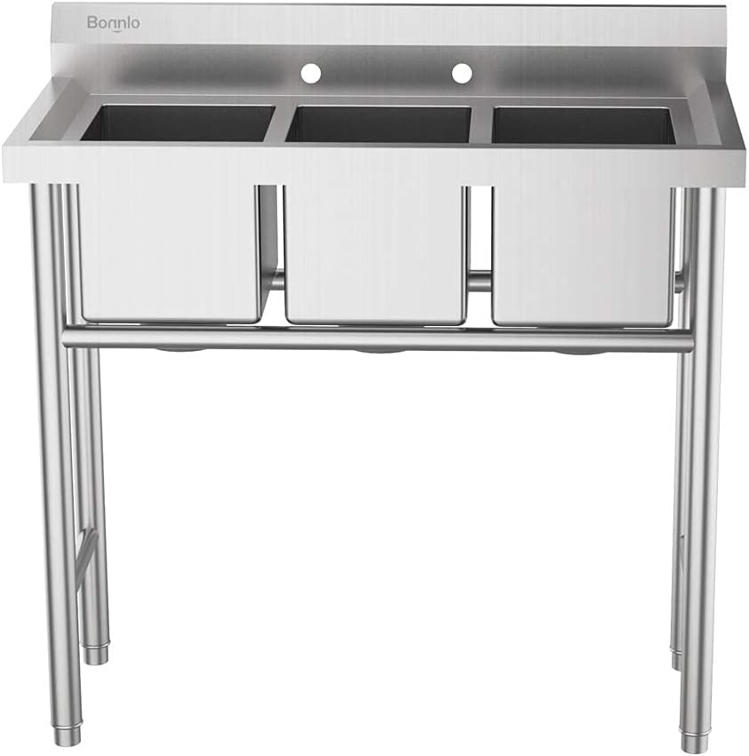 Bonnlo 3-Compartment 304 Stainless Steel Utility Sink Commercial Grade Laundry Tub Culinary Sink for Outdoor Indoor, Garage, Restaurant, Kitchen, Laundry/Utility Room - 39” W x 18” D x 37.4” H