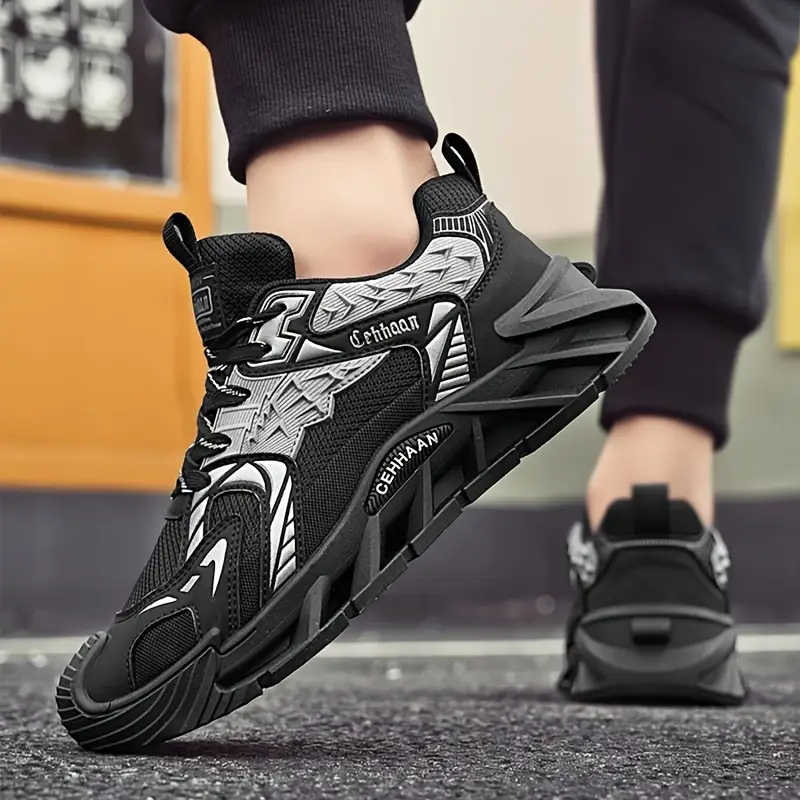 Breathable Lace-Up Sports Shoes – Thick Cushioned Sole Durable PU Mesh & Fabric Upper