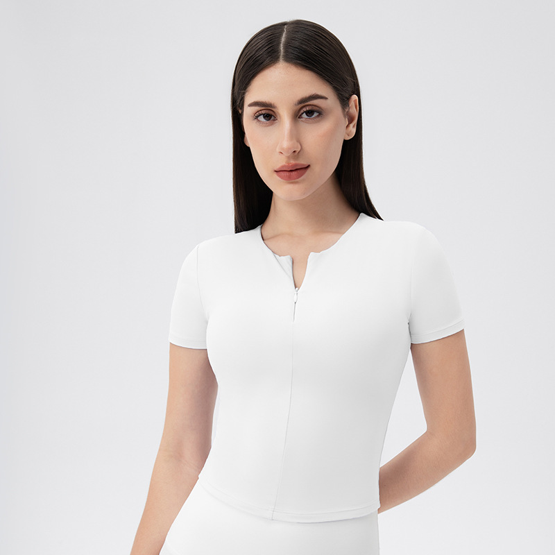 Women's yoga short-sleeved front zipper tight-fitting slimming top with padded bra, nude feel, high elasticity, sports running t-shirt