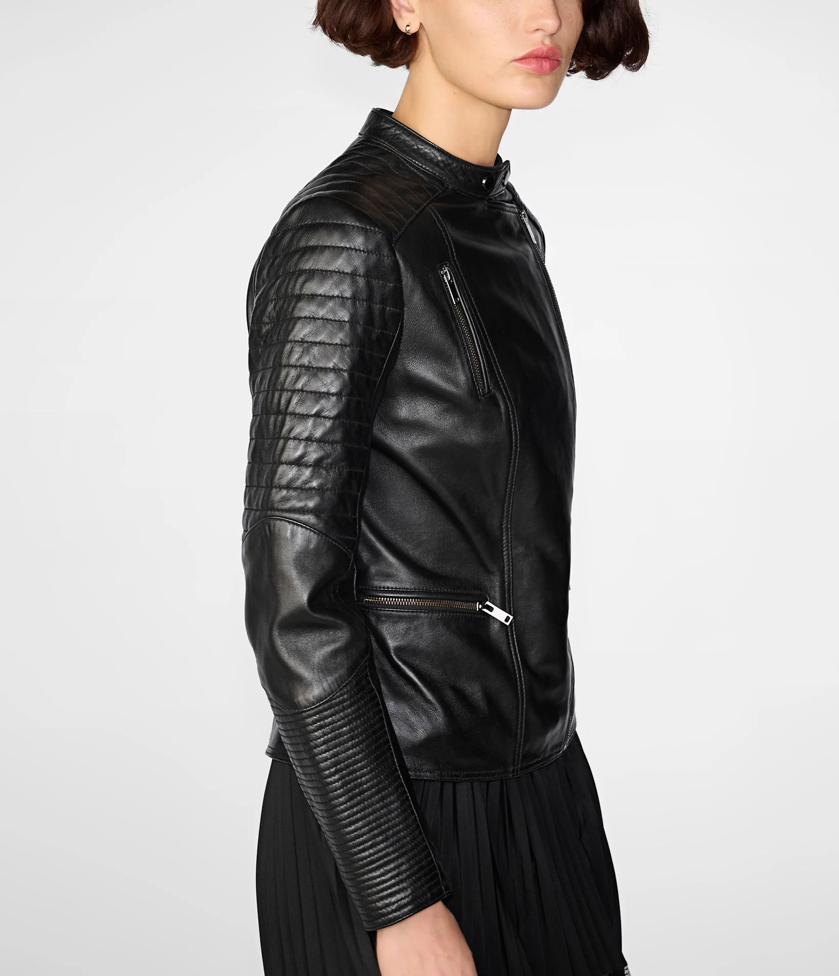 Quilted Faux Leather Zip‑Up Casual Outer Jacket